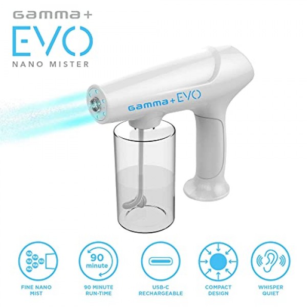 GAMMA+ Evo Nano Mister 무선 휴대용 물 분무기, 소독 미스트, USB-C 이발사, 미용실, 가정용 충전식, 흰색