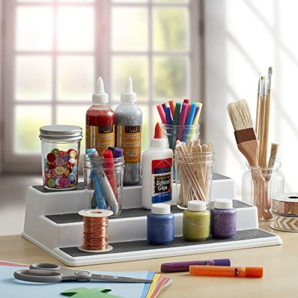 Copco 2555-0188 미끄럼 방지 3단 향신료 식료품 저장실 주방 캐비닛 정리함, 15인치, 흰색/회색