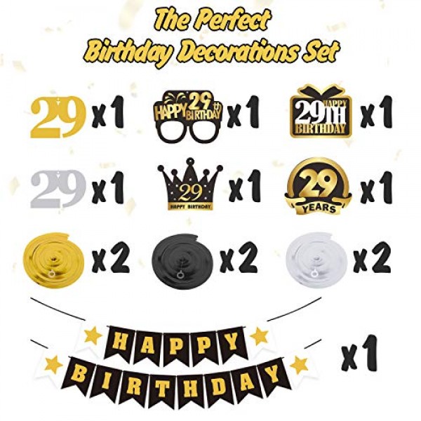 29번째 생일 소용돌이 모양 깃발 세트 - 생일 축하 배너, 29번째 생일 29세 생일 파티에 배경 장식을 매달아 건배.
