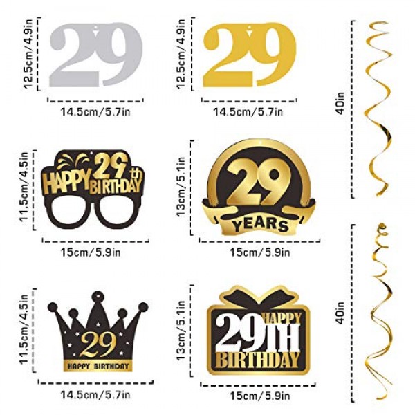 29번째 생일 소용돌이 모양 깃발 세트 - 생일 축하 배너, 29번째 생일 29세 생일 파티에 배경 장식을 매달아 건배.