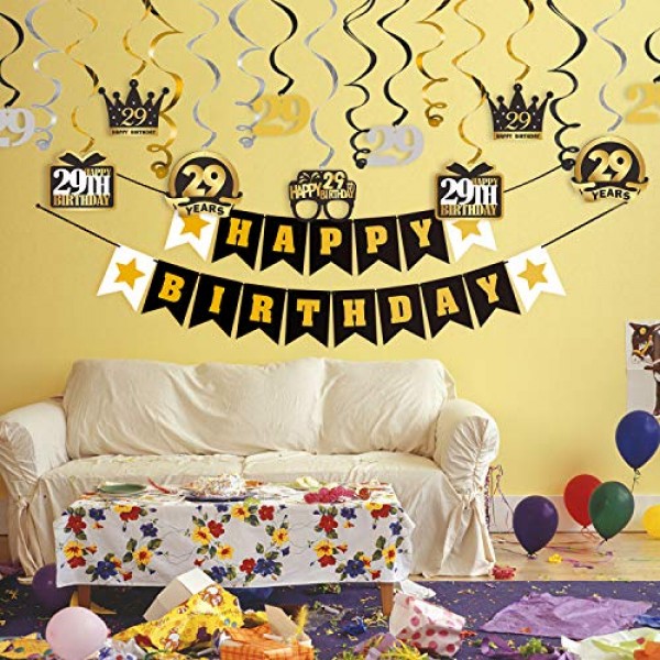 29번째 생일 소용돌이 모양 깃발 세트 - 생일 축하 배너, 29번째 생일 29세 생일 파티에 배경 장식을 매달아 건배.
