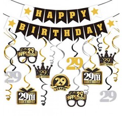 29번째 생일 소용돌이 모양 깃발 세트 - 생일 축하 배너, 29번째 생일 29세 생일 파티에 배경 장식을 매달아 건배.