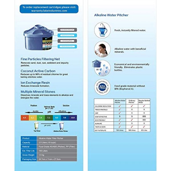 Lake Industries 알칼리성 물 투수 카트리지 교체 | 150리터/40갤런 용량 | 퓨어클린 하이드레이션 | 4팩