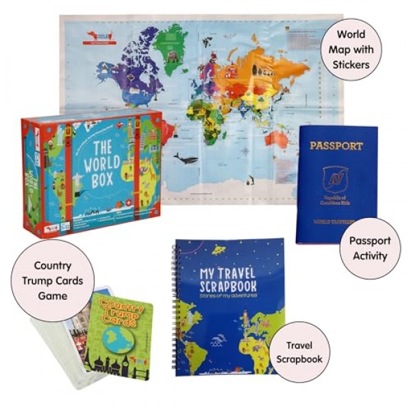 World Box 벽에 붙은 세계 지도 포스터, 어린이를 위한 국가 트럼프 카드, 가짜 여권, 여행 스크랩북, 소년, 소녀를 위한 생일 선물로 지리를 배우세요 5 6 7 8 9 10 12세
