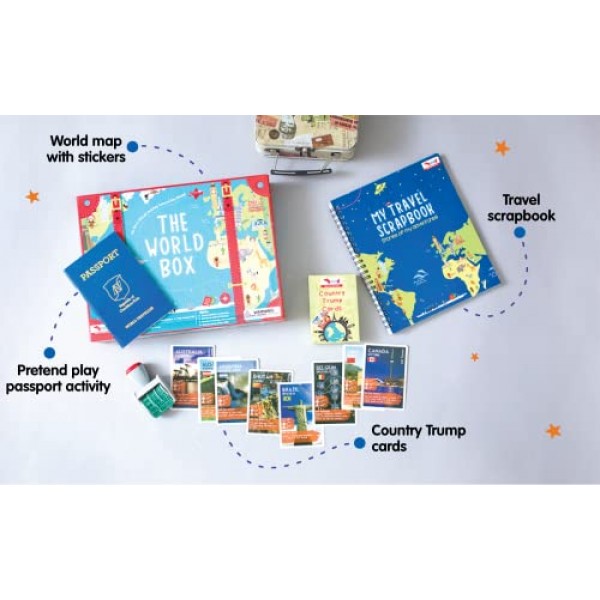 World Box 벽에 붙은 세계 지도 포스터, 어린이를 위한 국가 트럼프 카드, 가짜 여권, 여행 스크랩북, 소년, 소녀를 위한 생일 선물로 지리를 배우세요 5 6 7 8 9 10 12세