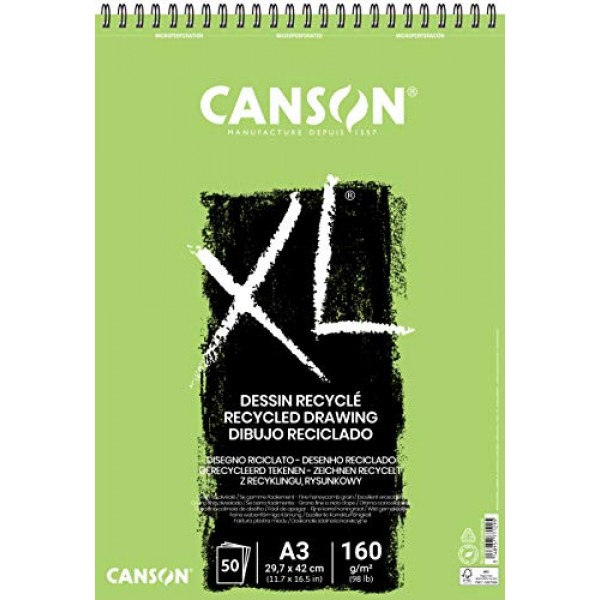 CANSON XL 재활용 도면 160gsm A3 용지, 미세한 벌집결, 나선형 패드 짧은 면, 흰색 시트 50장, 전문 예술가 및 일러스트레이터에 적합