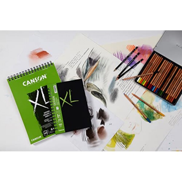 CANSON XL 재활용 도면 160gsm A3 용지, 미세한 벌집결, 나선형 패드 짧은 면, 흰색 시트 50장, 전문 예술가 및 일러스트레이터에 적합