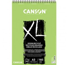 CANSON XL 재활용 도면 160gsm A3 용지, 미세한 벌집결, 나선형 패드 짧은 면, 흰색 시트 50장, 전문 예술가 및 일러스트레이터에 적합