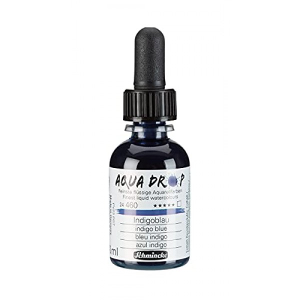 Schmincke - AQUA DROP, 액체, 안료 기반 수채화, 인디고 블루, 30ml 피펫 병, 24460034, 수채화 페인팅, 도시 스케치, 캘리그래피, 핸들터링, 내광성