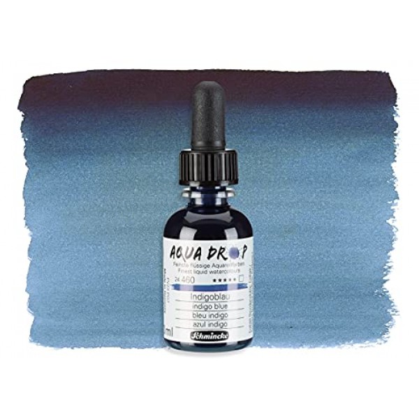 Schmincke - AQUA DROP, 액체, 안료 기반 수채화, 인디고 블루, 30ml 피펫 병, 24460034, 수채화 페인팅, 도시 스케치, 캘리그래피, 핸들터링, 내광성
