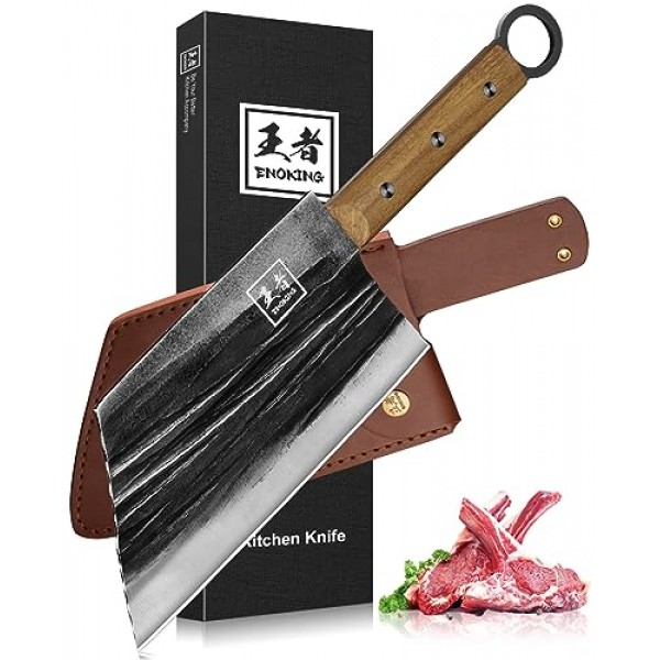 ENOKING 고기 식칼, 7.8인치 정육점 칼 가죽 칼집이 있는 고기 절단용 손 단조 식칼 칼, 선물 상자가 있는 풀 탱 중국 요리사 칼, 주방 및 실외용 헤비 듀티 뼈 다지기