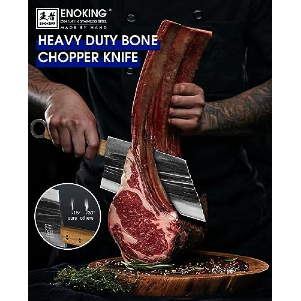 ENOKING 고기 식칼, 7.8인치 정육점 칼 가죽 칼집이 있는 고기 절단용 손 단조 식칼 칼, 선물 상자가 있는 풀 탱 중국 요리사 칼, 주방 및 실외용 헤비 듀티 뼈 다지기