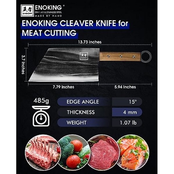 ENOKING 고기 식칼, 7.8인치 정육점 칼 가죽 칼집이 있는 고기 절단용 손 단조 식칼 칼, 선물 상자가 있는 풀 탱 중국 요리사 칼, 주방 및 실외용 헤비 듀티 뼈 다지기