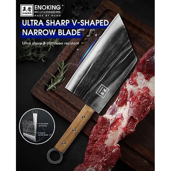 ENOKING 고기 식칼, 7.8인치 정육점 칼 가죽 칼집이 있는 고기 절단용 손 단조 식칼 칼, 선물 상자가 있는 풀 탱 중국 요리사 칼, 주방 및 실외용 헤비 듀티 뼈 다지기
