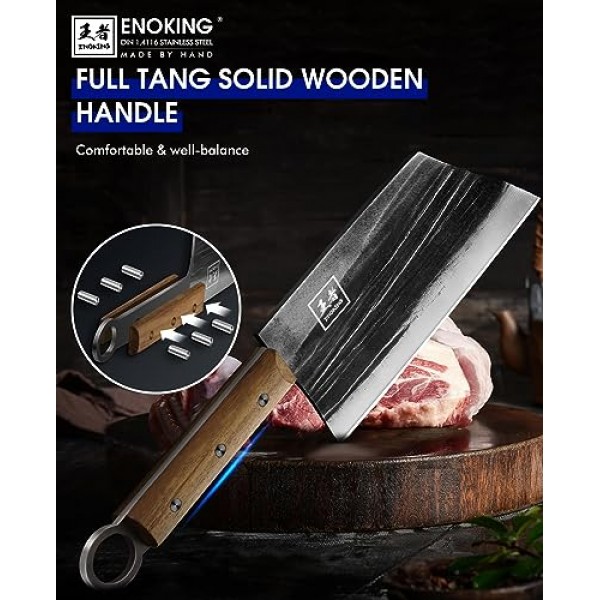 ENOKING 고기 식칼, 7.8인치 정육점 칼 가죽 칼집이 있는 고기 절단용 손 단조 식칼 칼, 선물 상자가 있는 풀 탱 중국 요리사 칼, 주방 및 실외용 헤비 듀티 뼈 다지기