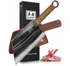 ENOKING 고기 식칼, 7.8인치 정육점 칼 가죽 칼집이 있는 고기 절단용 손 단조 식칼 칼, 선물 상자가 있는 풀 탱 중국 요리사 칼, 주방 및 실외용 헤비 듀티 뼈 다지기