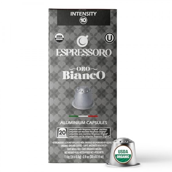 ESPRESSORO 20 USDA 유기농 에스프레소 포드 - 네스프레소 오리지널 라인 머신과 호환되는 BIANCO 알루미늄 캡슐. 인텐시티 10 프리미엄 이탈리안 에스프레소 커피 캡슐