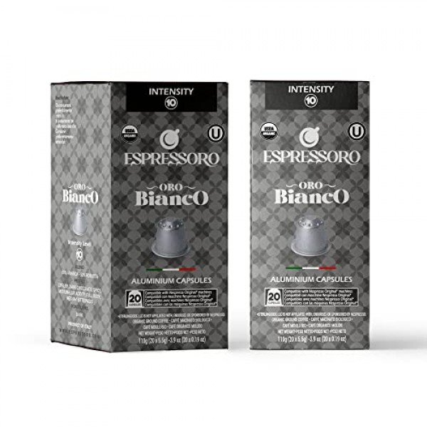 ESPRESSORO 20 USDA 유기농 에스프레소 포드 - 네스프레소 오리지널 라인 머신과 호환되는 BIANCO 알루미늄 캡슐. 인텐시티 10 프리미엄 이탈리안 에스프레소 커피 캡슐