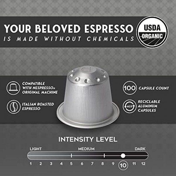 ESPRESSORO 20 USDA 유기농 에스프레소 포드 - 네스프레소 오리지널 라인 머신과 호환되는 BIANCO 알루미늄 캡슐. 인텐시티 10 프리미엄 이탈리안 에스프레소 커피 캡슐