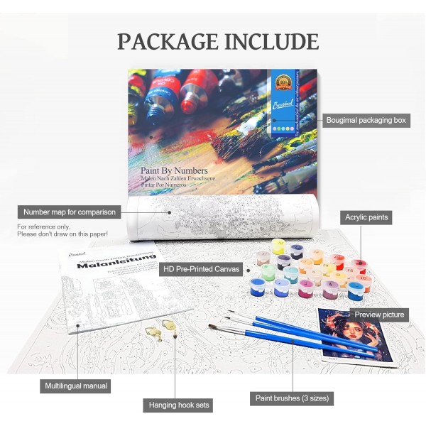 Bougimal Paint by Numbers Adult Landscape Without Frame 브러쉬 및 아크릴 페인트 포함 - 40 x 50 cm, 에펠 탑 판타지 파리 프레임 없음