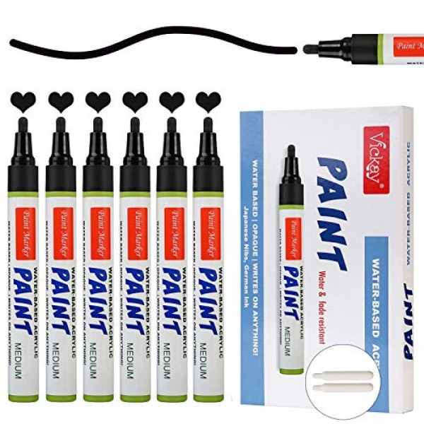 Vickay 블랙 아크릴 페인트 펜, 다양한 재료를 위한 6개의 중형 수성 영구 페인트 마커 세트 DIY 공예 프로젝트 2개의 추가 교체 가능한 펜촉으로 방수