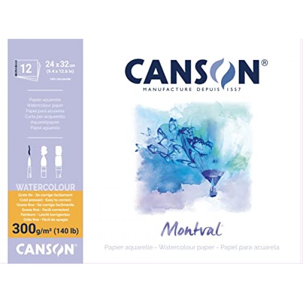 Canson Montval 300gsm 수채화 연습용 종이 패드 12장 포함, 크기: 24x32cm, 천연 흰색 및 냉압착(아님)