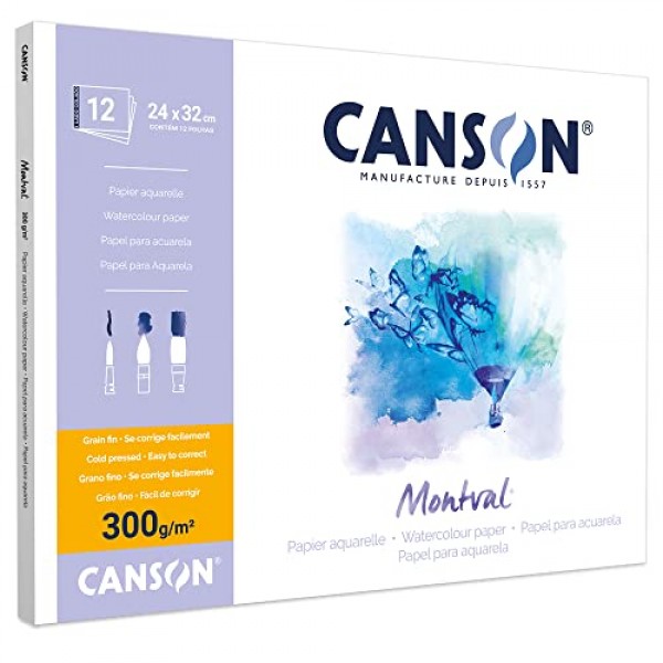 Canson Montval 300gsm 수채화 연습용 종이 패드 12장 포함, 크기: 24x32cm, 천연 흰색 및 냉압착(아님)