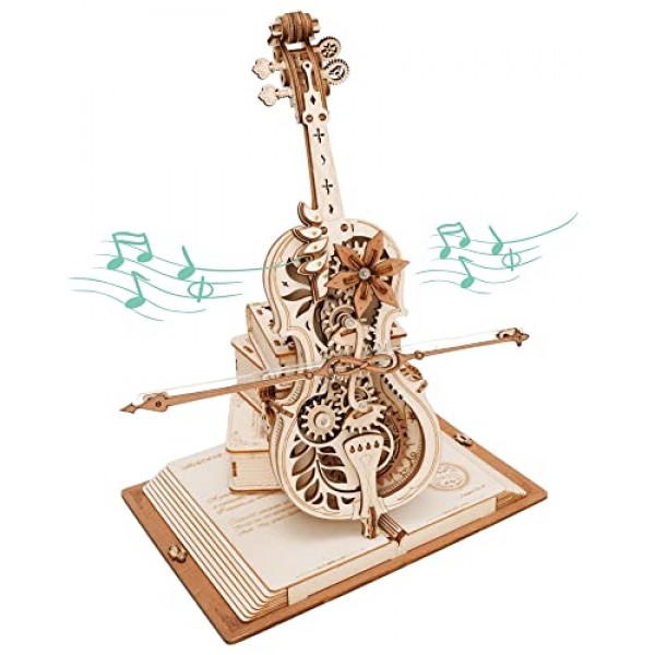 성인을위한 ROKR 3D 퍼즐 1:5 스케일 첼로 모델 키트 기본 199pcs 나무 뮤직 박스 빌딩 키트 남성을위한 데스크 선물 성인을위한 여성 취미