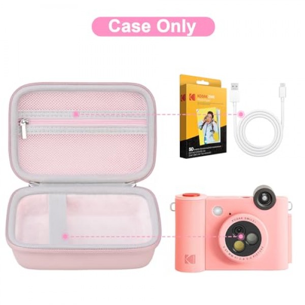 KODAK Smile+ 무선 디지털 즉석 인쇄 카메라와 호환되는 Canboc 휴대용 케이스, 메쉬 포켓형 인화지, USB 케이블, 핑크(케이스만)