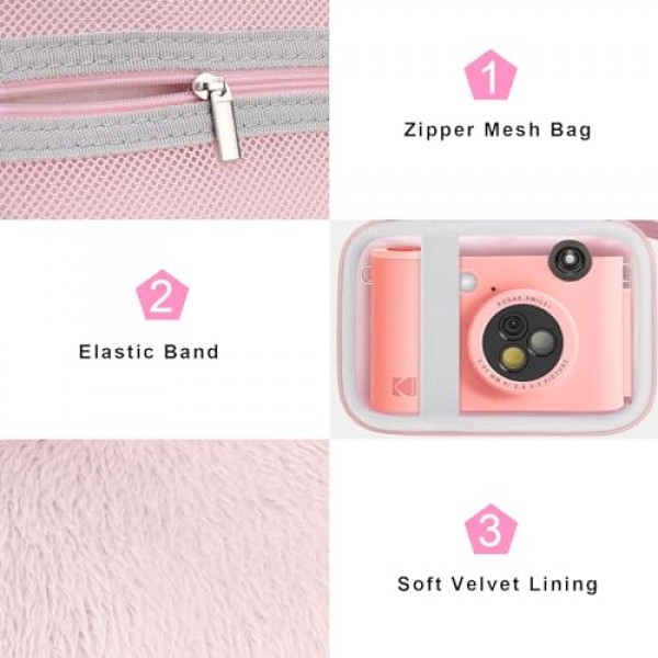 KODAK Smile+ 무선 디지털 즉석 인쇄 카메라와 호환되는 Canboc 휴대용 케이스, 메쉬 포켓형 인화지, USB 케이블, 핑크(케이스만)