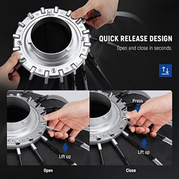 NEEWER 47.2인치/120cm 파라볼릭 소프트박스 빠른 설정 빠른 접이식, 디퓨저/허니컴 그리드/백 포함, Aputure 120d 라이트 돔 Godox sl60w NEEWER RGB CB60 및 기타 Bowens 마운트 조명과 