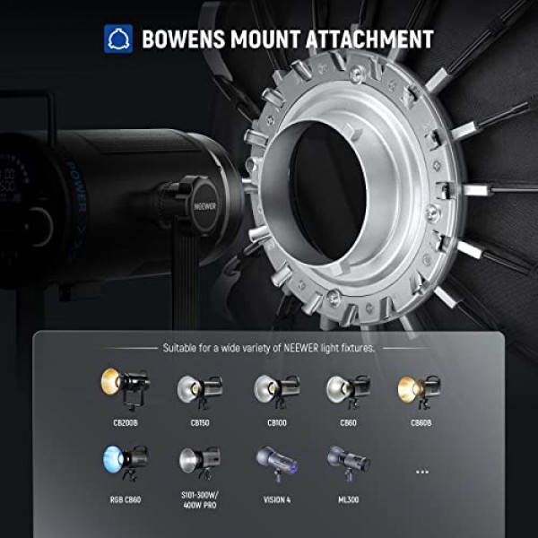 NEEWER 47.2인치/120cm 파라볼릭 소프트박스 빠른 설정 빠른 접이식, 디퓨저/허니컴 그리드/백 포함, Aputure 120d 라이트 돔 Godox sl60w NEEWER RGB CB60 및 기타 Bowens 마운트 조명과 