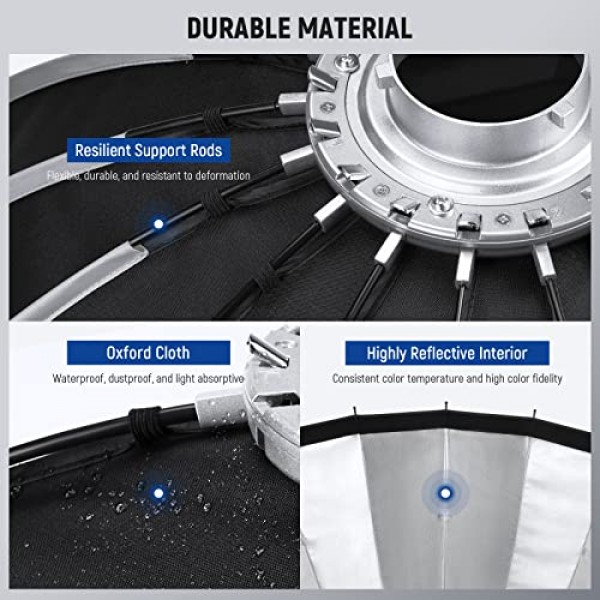 NEEWER 47.2인치/120cm 파라볼릭 소프트박스 빠른 설정 빠른 접이식, 디퓨저/허니컴 그리드/백 포함, Aputure 120d 라이트 돔 Godox sl60w NEEWER RGB CB60 및 기타 Bowens 마운트 조명과 