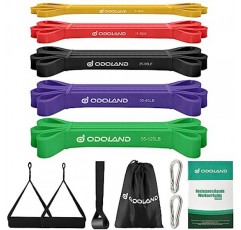 Odoland 5팩 풀업 보조 밴드, 풀업 스트랩, 도어 앵커 및 핸들이 있는 저항 밴드, 스트레치 모빌리티, 파워리프팅 및 eGuide가 포함된 추가 내구성 운동 밴드