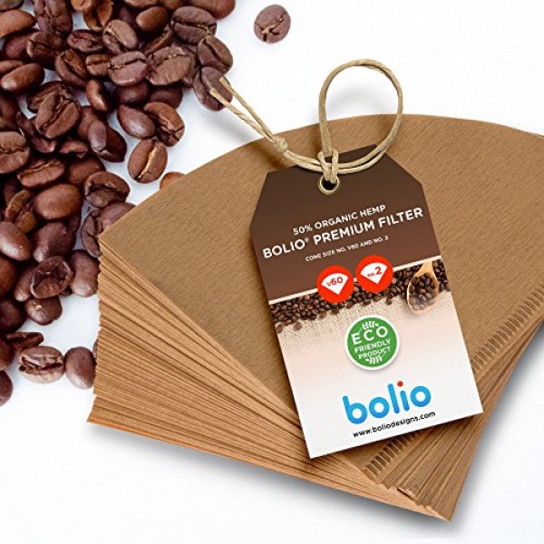 Bolio 프리미엄 표백되지 않은 대마 종이 콘 커피 필터 - 100개 - 모든 No.2 크기의 푸어 오버 커피 드리퍼와 호환 가능
