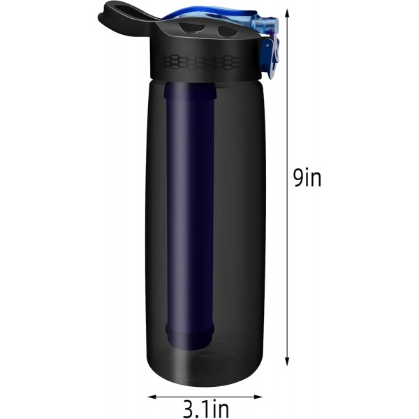 필터가 있는 병 650ml Wasser 이동식 필터가 있는 병 워터 필터 야외 생존 캠핑, 하이킹 및 야외 활동을 위한 BPA 프리 음료수 병 블랙