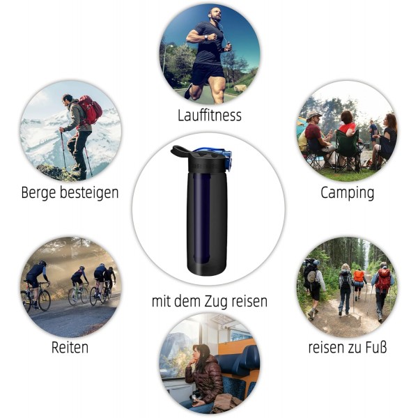 필터가 있는 병 650ml Wasser 이동식 필터가 있는 병 워터 필터 야외 생존 캠핑, 하이킹 및 야외 활동을 위한 BPA 프리 음료수 병 블랙