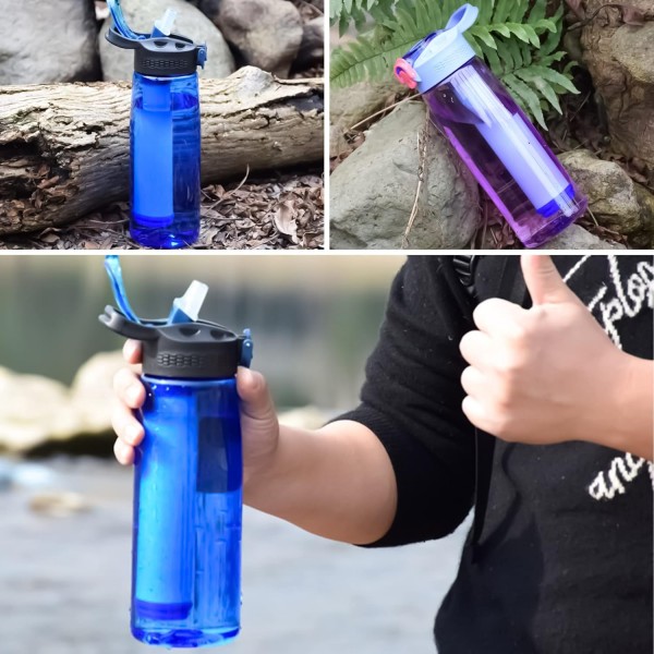 필터가 있는 병 650ml Wasser 이동식 필터가 있는 병 워터 필터 야외 생존 캠핑, 하이킹 및 야외 활동을 위한 BPA 프리 음료수 병 블랙