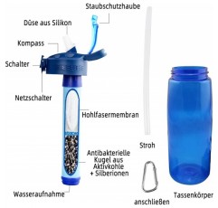 필터가 있는 병 650ml Wasser 이동식 필터가 있는 병 워터 필터 야외 생존 캠핑, 하이킹 및 야외 활동을 위한 BPA 프리 음료수 병 블랙