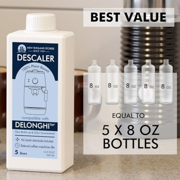 New England Stories Delonghi 호환 석회질 제거 솔루션, Delonghi 기계 청소용으로 특별히 설계된 액체 석회질 제거제 2병(총 10회 사용)