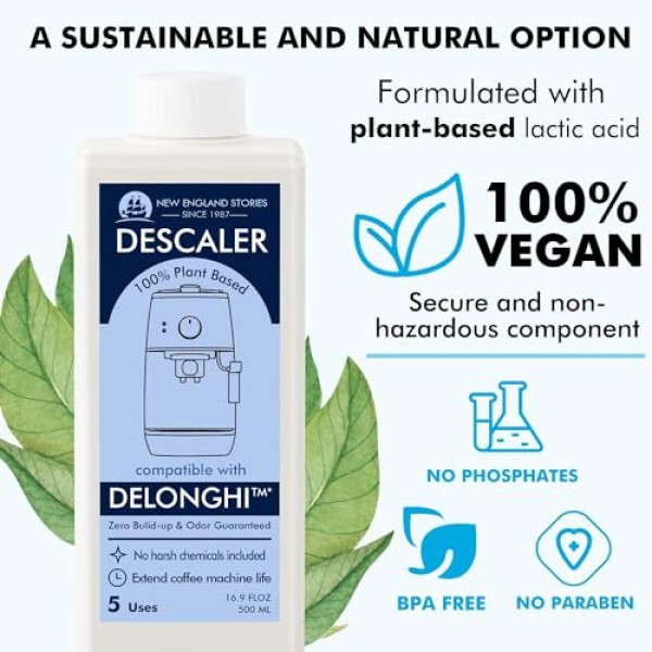 New England Stories Delonghi 호환 석회질 제거 솔루션, Delonghi 기계 청소용으로 특별히 설계된 액체 석회질 제거제 2병(총 10회 사용)