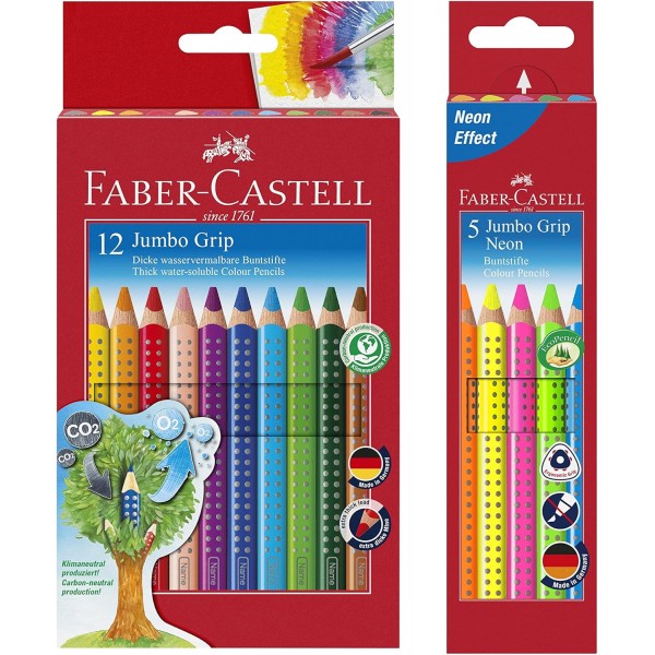 Faber-Castell 번들 110912 색연필 점보 그립 골판지 케이스 12개입; 샤프너와 Faber-Castell 110994 - Jumbo Grip Neon 색연필, 케이스 5개(네온 번들 + 12색, 1개) 포함