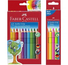 Faber-Castell 번들 110912 색연필 점보 그립 골판지 케이스 12개입; 샤프너와 Faber-Castell 110994 - Jumbo Grip Neon 색연필, 케이스 5개(네온 번들 + 12색, 1개) 포함