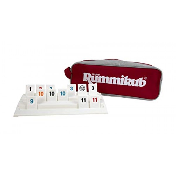 Rummikub - 내구성이 뛰어난 캔버스 보관함/여행용 케이스에 전체 크기 랙과 타일이 들어 있는 완전한 오리지널 게임(Pressman 제작) - Amazon 독점