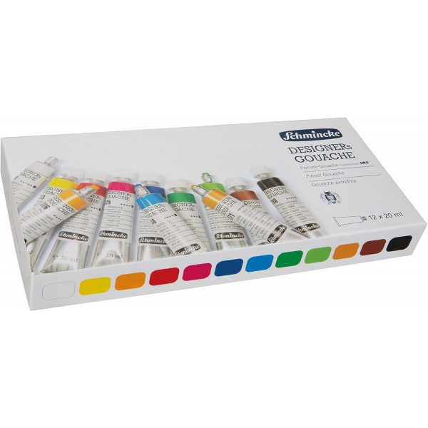 Schmincke - Designers Gouache, 12 x 20 ml 튜브, 72 014 097, 12가지 음영, 카드보드 세트, 줄무늬 없음, 최대 커버리지, 컬러 인텐시브 및 벨벳 매트