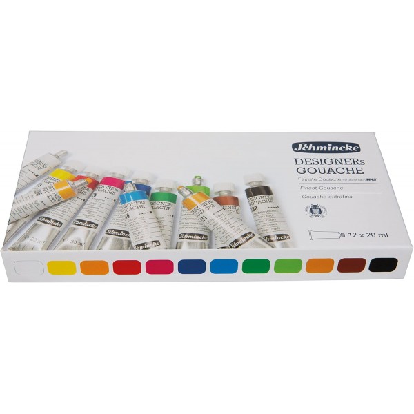 Schmincke - Designers Gouache, 12 x 20 ml 튜브, 72 014 097, 12가지 음영, 카드보드 세트, 줄무늬 없음, 최대 커버리지, 컬러 인텐시브 및 벨벳 매트