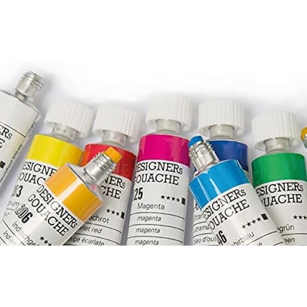 Schmincke - Designers Gouache, 12 x 20 ml 튜브, 72 014 097, 12가지 음영, 카드보드 세트, 줄무늬 없음, 최대 커버리지, 컬러 인텐시브 및 벨벳 매트