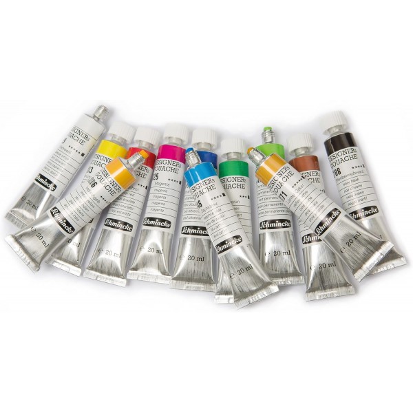 Schmincke - Designers Gouache, 12 x 20 ml 튜브, 72 014 097, 12가지 음영, 카드보드 세트, 줄무늬 없음, 최대 커버리지, 컬러 인텐시브 및 벨벳 매트
