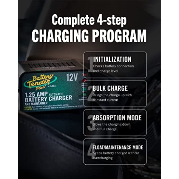 Battery Tender Plus 12V 배터리 충전기 및 유지관리자: 오토바이, ATV, UTV용 1.25 AMP Powersport 배터리 충전기 및 유지관리자 - 스마트 12V 자동 플로트 충전기 - 021-0128
