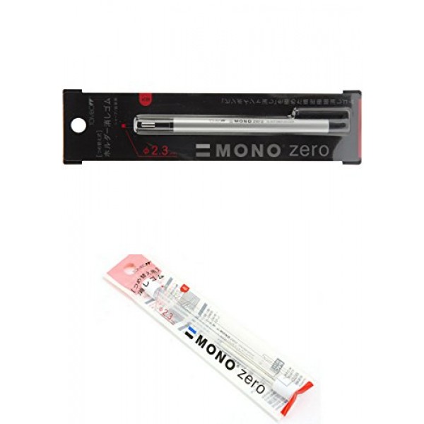 Tombow MONO Zero 지우개, 둥근 팁, 수납식, 은통(추가 리필이 포함된 지우개(57305 및 57307))